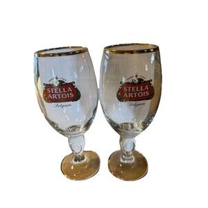 Stella Artois Belgium Beer Glass Chalice Cup 33 cl Gold Rimmed Stem 8" Set Of 2